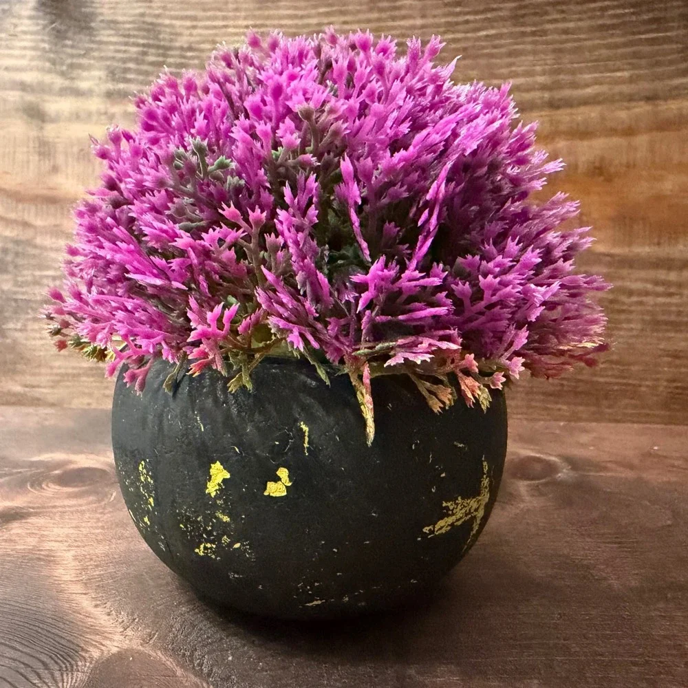 Faux Purple Plant in Textured Black Distressed Round Pot Decorative Accent